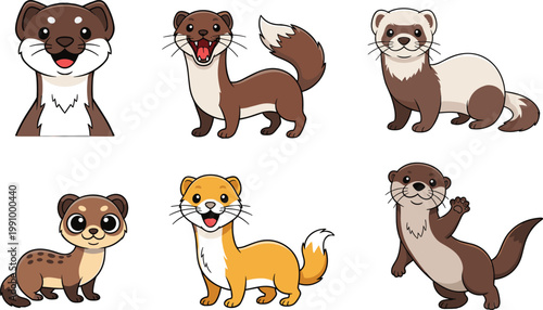 Cute Cartoon Weasel Ferret and Otter Character Set with Adorable Wild Animal Illustrations for Kids, Stickers, Games, and Nature Designs