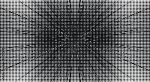 Radial halftone pattern with converging lines creating tunnel effect on black background, abstract technology or sci fi concept.