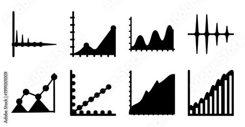 Eight distinct statistical data graphs displayed in a vector graphic illustration