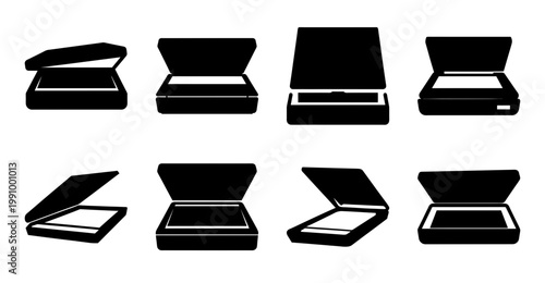 Monochrome vector illustration showcasing multiple scanner icons in various open positions