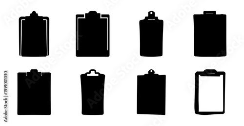 Eight black and white clipboard silhouettes on a white background for designs