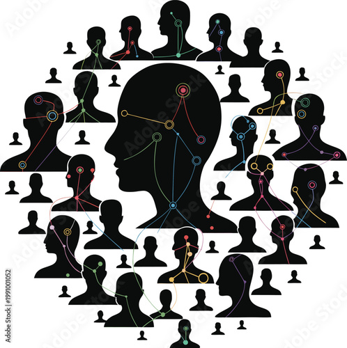 Social network concept with connected people silhouettes in profile