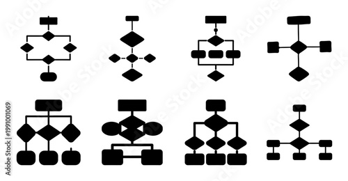 Illustration of eight different flowchart diagram styles, black and white diagram elements
