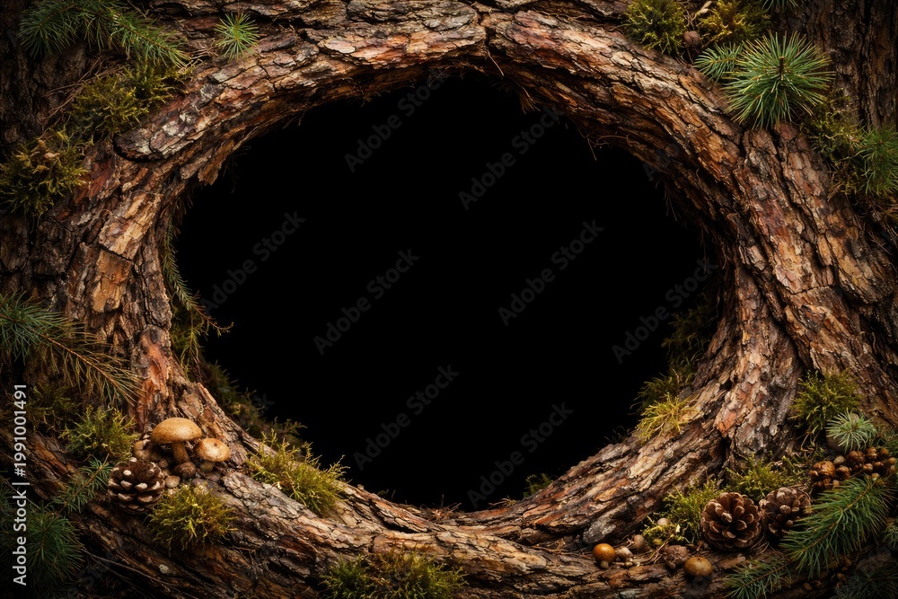 Fototapeta premium Rustic forest pine bark frame shaped as a natural composition with black hole and copy space