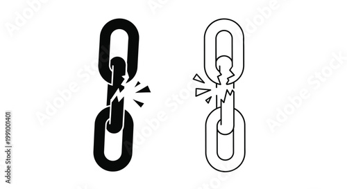 Broken chain link icons in black and white a visual metaphor silhouette