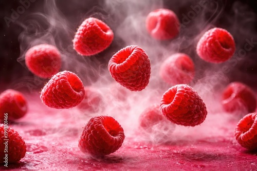 Levitation of fresh red raspberries above a vibrant pink surface with rising steam and smoke