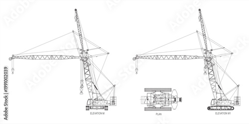 Crawler Crane CAD Vector Illustration – Construction Machinery, Lifting Equipment, Hoist, Isolated on White Background, EPS 10