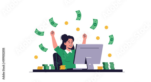 An ecstatic professional woman celebrates at her computer desk as a literal rain of green dollar bills and golden coins falls from the sky around her in a vibrant office.