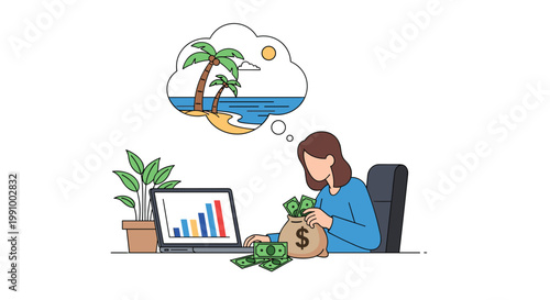A professional woman sits at her office desk filling a large money bag while dreaming of a serene tropical beach vacation with palm trees and a bright sun.