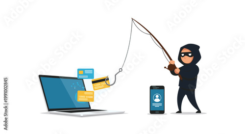 A mysterious hooded cyber hacker uses a fishing rod to pull multiple colorful credit cards directly out of a laptop screen near a mobile smartphone.