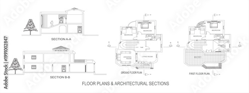 Modern 2 Storey Villa Floor Plans and Architectural Section CAD Vector Illustration, clean house plan and section isolated on white background EPS 10