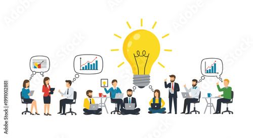 Professional office employees work diligently around a central giant glowing yellow lightbulb while sharing innovative business growth ideas through detailed thought bubble charts.