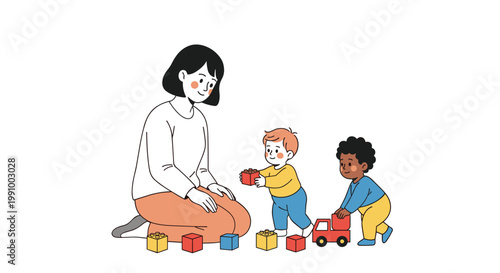 A caring mother kneels on a white surface while supervising two small toddlers playing with vibrant building blocks and a red plastic toy truck.