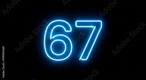 Neon Blue Number 67 on Pure Black Background with Soft Glow Halo Effect Minimalist Modern Futuristic Neon Sign Digital Graphic Centered Composition Sharp Lines High Contrast