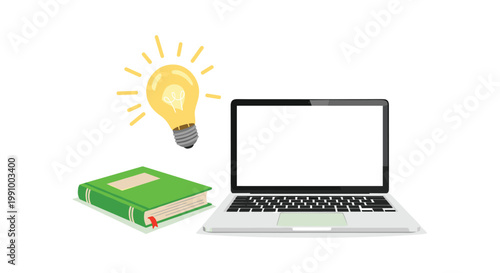An open silver laptop stands next to a thick green hardcover book with a glowing yellow lightbulb floating between them on a clean white surface.