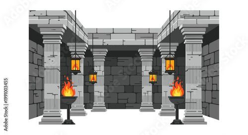 An impressive ancient stone chamber with massive fluted columns and hanging lanterns is illuminated by flickering flames from two large foreground braziers.