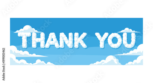 Meticulously crafted fluffy white cloud letters spelling out a grateful thank you message against a vibrant blue sky filled with soft cumulus formations.
