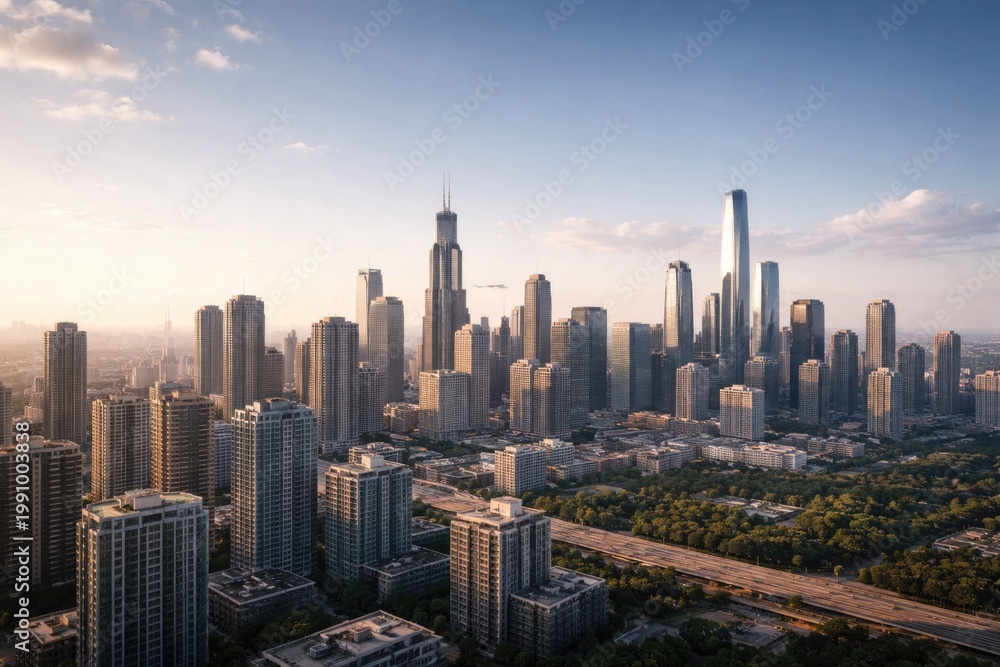 Fototapeta premium Metropolitan skyline view with ample copy space for text