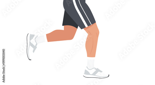 A dynamic side view of muscular legs in a running stride wearing black athletic shorts with white stripes and comfortable white performance sneakers.