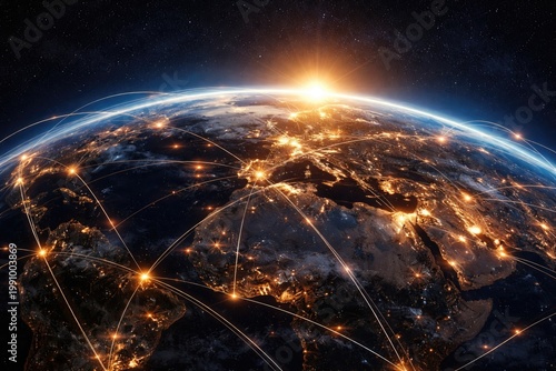 Illuminated Earth at night featuring city lights and a sunrise horizon with an authentic flight path network overlay