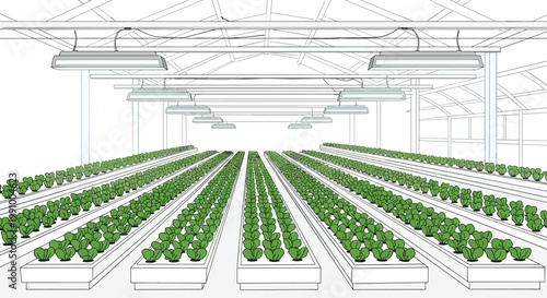 Symmetrical rows of fresh green lettuce plants thrive within white hydroponic trays under long horizontal fluorescent light fixtures inside a bright agricultural facility.