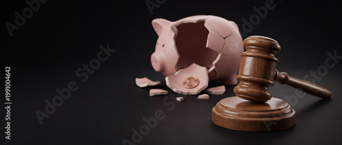 Judge gavel and shattered empty piggy bank with single coin. Bankruptcy law concept