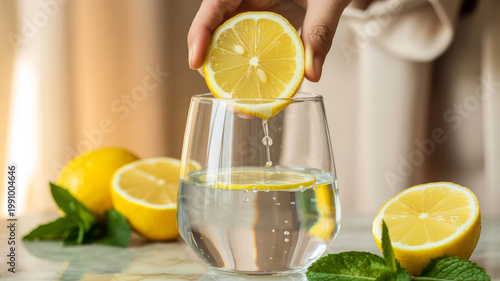 Refreshing Morning Routine of Squeezing Lemon Juice into Sparkling Water for Healthy Lifestyle
