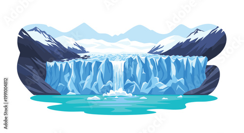 A massive blue ice glacier features a central vertical waterfall cascading into a calm turquoise pool surrounded by distant snowy mountain peaks under bright sky.