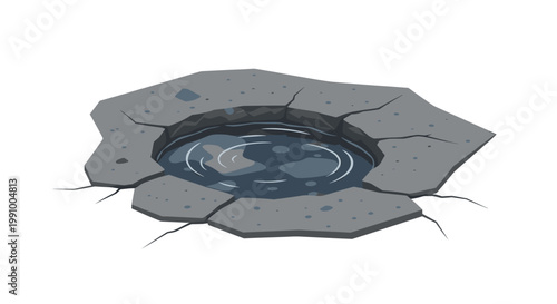 A dark stagnant water puddle rests inside a jagged irregular crater of cracked grey asphalt pavement isolated against a stark white background environment.