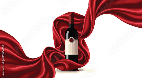 A premium dark glass wine bottle stands elegantly amidst luxurious flowing red silk fabric against a clean white background under soft studio lighting.