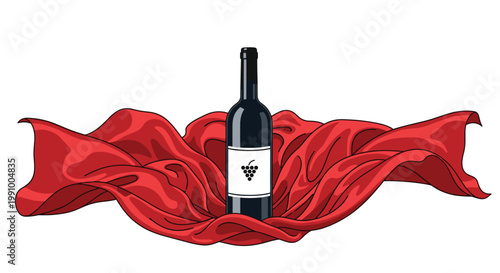 A sophisticated dark glass wine bottle featuring a minimalist grape emblem label rests elegantly amidst the dynamic flowing folds of vibrant red silk fabric.