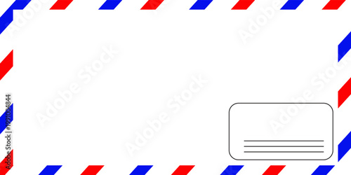 Airmail Envelope frame images with strips. International vintage letter border. Retro air mail postcard with blue and red stripes.  Empty classic postal frame. Vector illustration