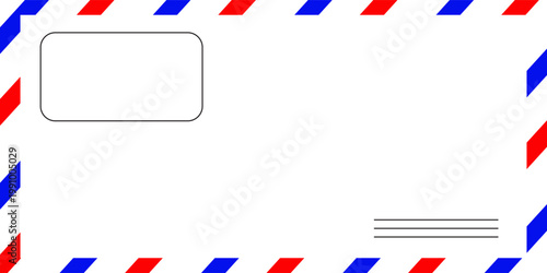 Airmail Envelope frame images with strips. International vintage letter border. Retro air mail postcard with blue and red stripes.  Empty classic postal frame. Vector illustration