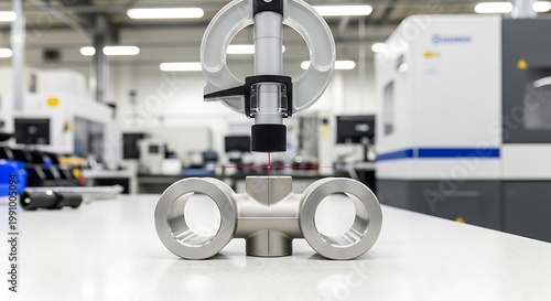 A metal valve sits on a white table in a modern industrial workshop with machinery in the background.