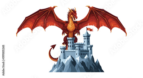 A massive red dragon with large spread wings perched atop a grey stone castle built on a jagged snowy mountain range under bright and clear daylight.