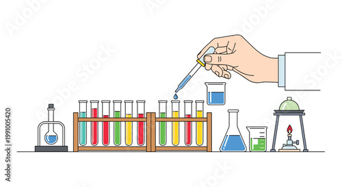 A professional gloved hand uses a glass pipette to drop blue liquid into a test tube among various colorful laboratory glassware on a clean white background.