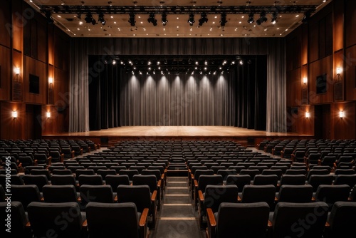 Large empty auditorium space with rows of seating and stage