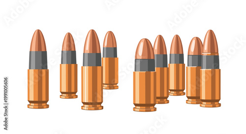 A realistic vector composition of several 9mm handgun cartridges featuring distinct grey bands and copper tips scattered across a clean white empty space.