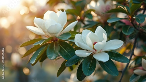 White Magnolia Flowers Blooming on Tree Branch with Green Leaves in Sunlight - Spring Garden Floral Close-up