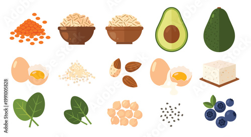 A diverse collection of healthy food ingredients including fresh avocado, organic eggs, green spinach, and nutritious blueberries is arranged in a neat grid.