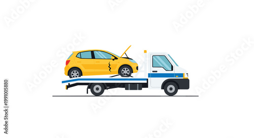 A bright yellow damaged hatchback car with an open hood and cracked side panel is being transported on a professional white flatbed recovery tow truck.