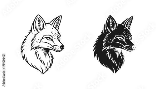 Stylized fox head portrait illustration in black and white line art and solid silhouette style as creative graphic design element for branding and nature themed projects