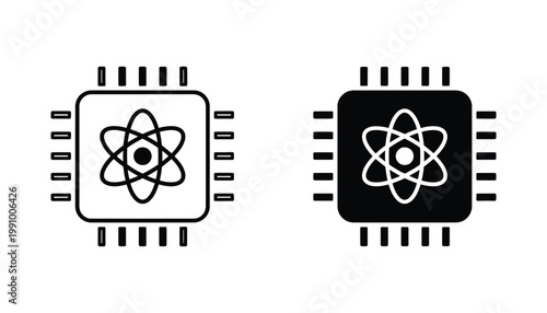 Computer chip processor cpu atom science vector icon set in outline and solid styles for technology and engineering concepts