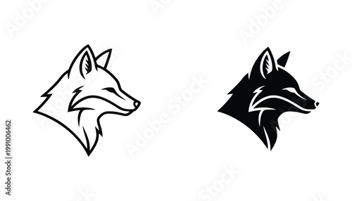 Fox head wild animal nature mascot vector icon set in outline and solid styles for outdoor branding and wildlife conservation