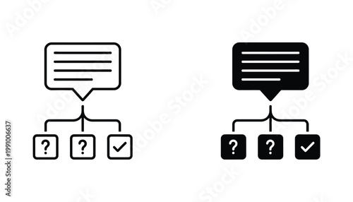 Speech bubble with branch logic structure and decision checkboxes icon set for survey feedback and workflow process design in clean black and white vector graphic style for business analytics usage