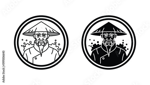 Japanese ronin samurai warrior character in circular frame badge for historical and martial arts branding in black and white vector illustration for culture and traditional theme design assets