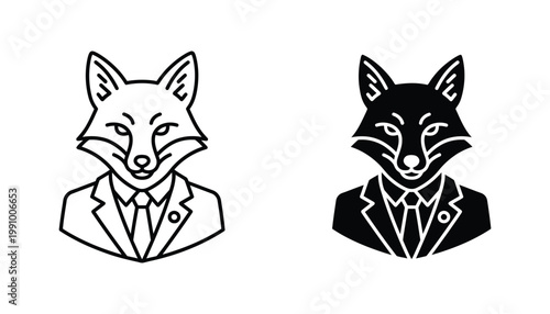 Professional fox character wearing business suit and tie icon set for corporate mascot and leadership branding in clean black and white vector graphic style for business presentations and identity