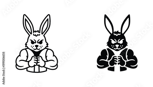 Angry muscular rabbit character mascot icon set for fitness and sports branding in powerful bold black and white vector graphic style for gym logos and competitive gaming team identity design