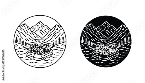 Group of people rafting on mountain river in circular frame badge representing adventure and outdoor sports in black and white vector illustration for travel branding and recreational activity design