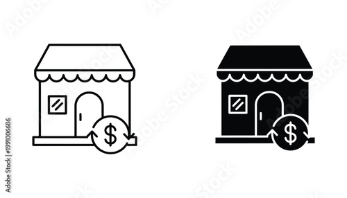 Retail shop building with currency symbol icon vector illustration in outline and solid black style for finance and commerce business